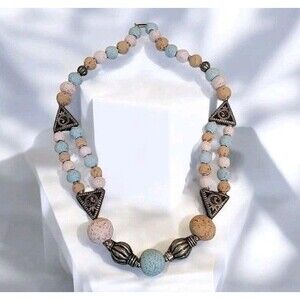 Ethnic Chunky Clay Beaded Boho Necklace Turquoise Pink Terracotta Clay 20 "